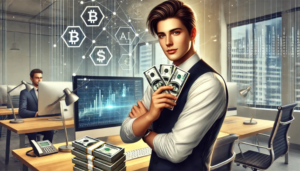 Illustration of a young professional in a modern office setting, holding stacks of cash with a computer in the background displaying digital currency symbols, representing making money with ChatGPT and AI technology.