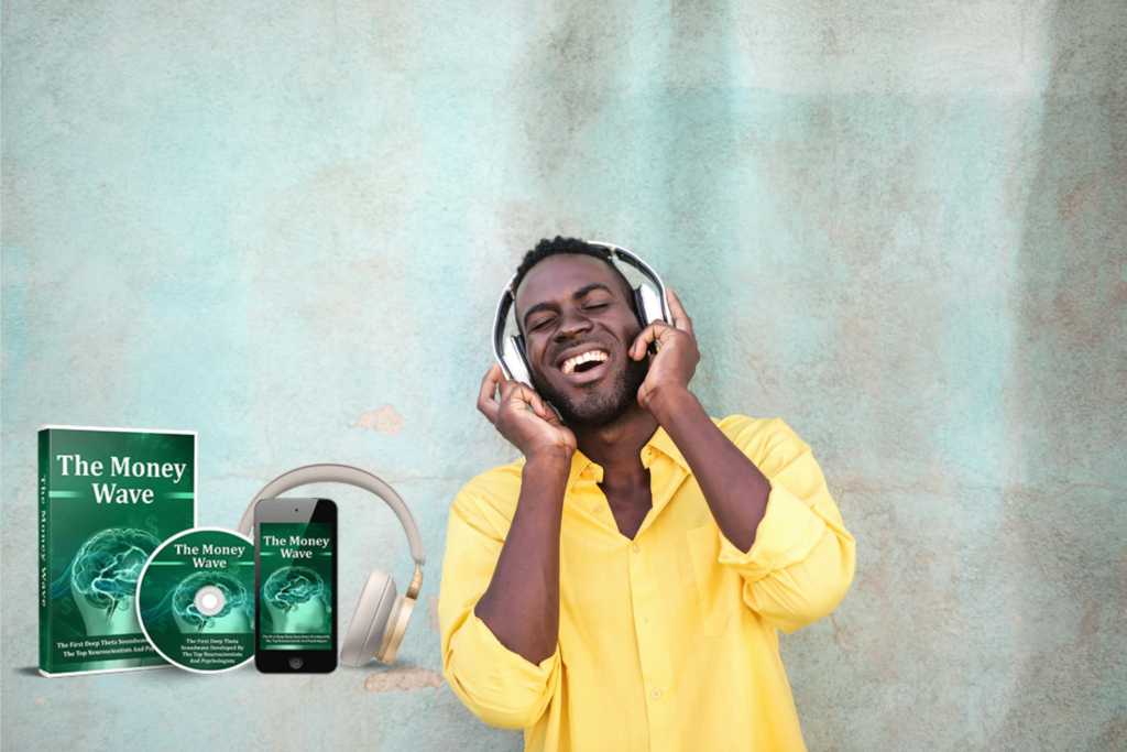 Smiling man in a yellow shirt listening to headphones, enjoying The Money Wave audio program. Displayed next to him are the program's materials, including a book, CD, smartphone, and headphones, all branded with The Money Wave cover design.