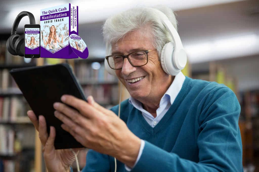 Elderly man in glasses and headphones smiling while using a tablet to listen to The Quick Cash Manifestation audio track, with branded packaging displayed beside him.