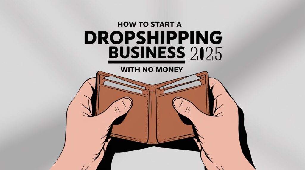 A minimalist illustration of hands holding an empty brown wallet, symbolizing starting a dropshipping business with no money.