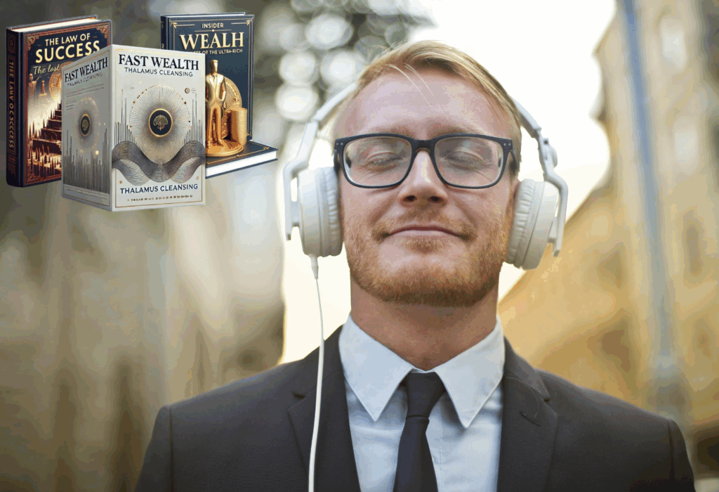 Professional businessman listening to Fast Wealth audio program with success and wealth building books